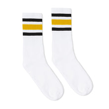 Load image into Gallery viewer, Black and Gold Striped Socks | White
