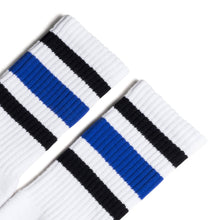 Load image into Gallery viewer, Black and Blue Striped Socks | White
