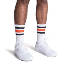 Load image into Gallery viewer, Black and Orange Striped Socks | White
