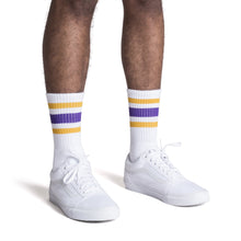 Load image into Gallery viewer, Gold and Purple Striped Socks | White
